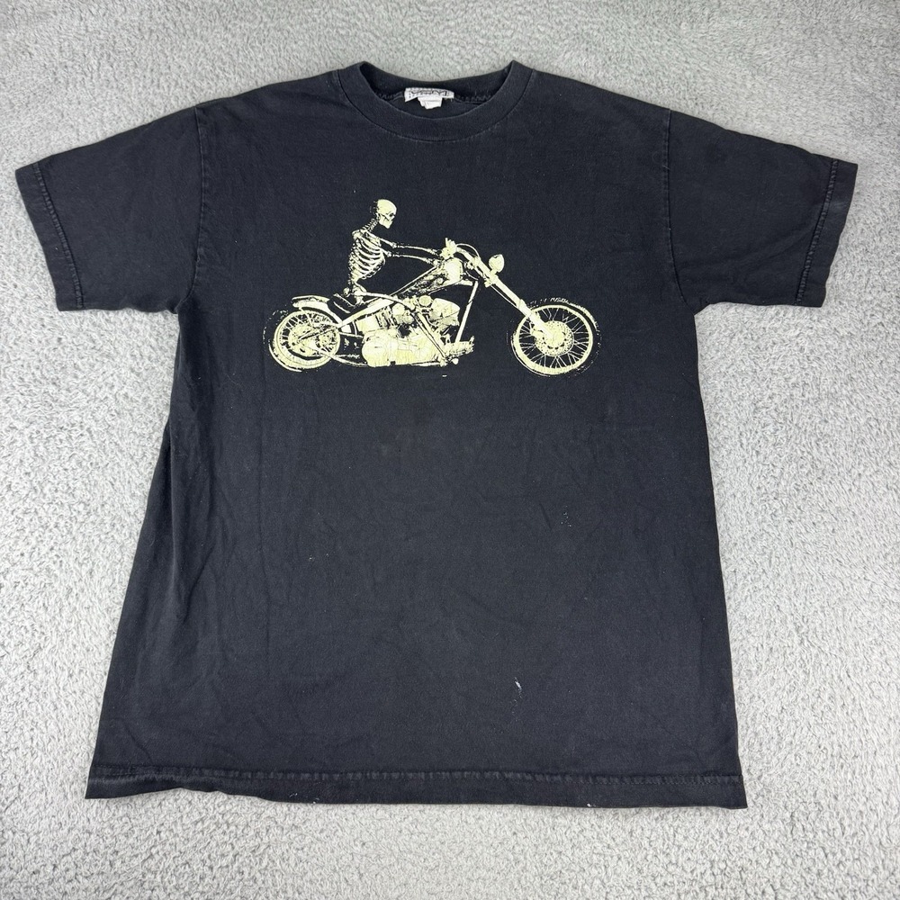 90s Jem Sportswear Skeleton and Chopper Vintage Black Biker Tshirt Men's Med Y2k